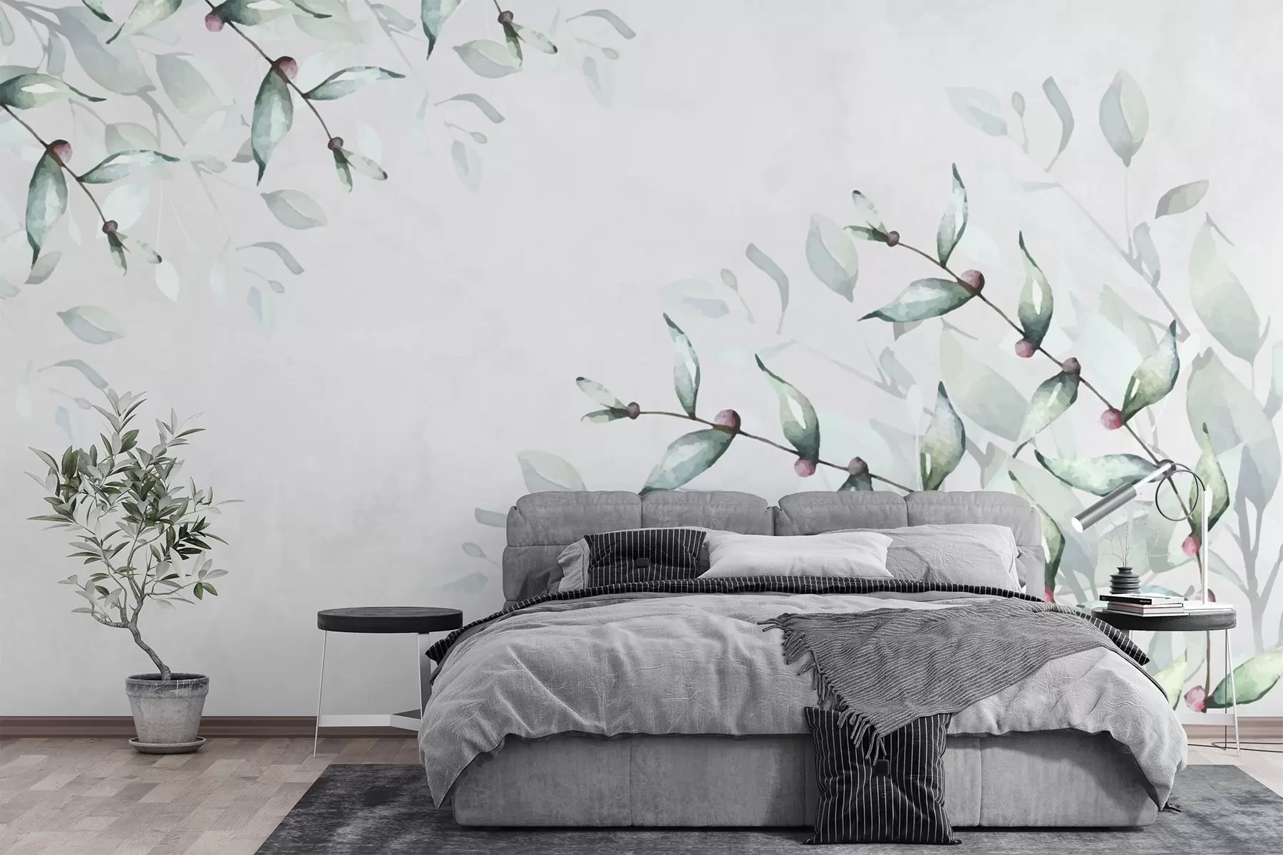 Fototapeta gałązki z zielonymi liśćmi na szarym tle w02660