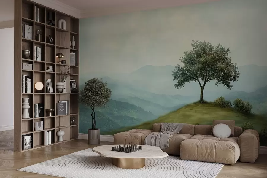 Fototapeta panorama z drzewem na wzgórzu w02683