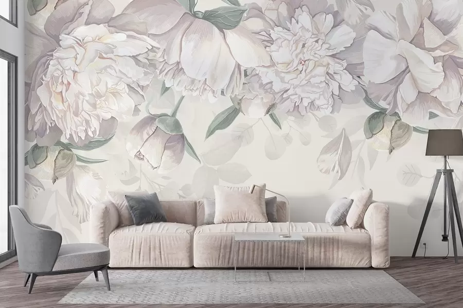 Fototapeta Delikatne białe i różowe pastelowe piwonie z zielonymi liśćmi, ułożone w miękkie, romantyczne kwiatowe tło w08577