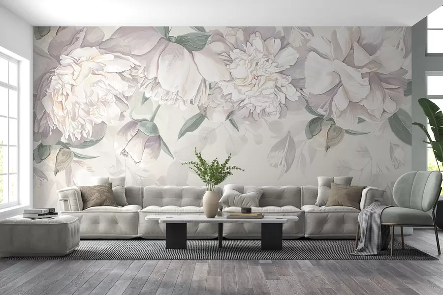 Fototapeta Delikatne białe i różowe pastelowe piwonie z zielonymi liśćmi, ułożone w miękkie, romantyczne kwiatowe tło w08577