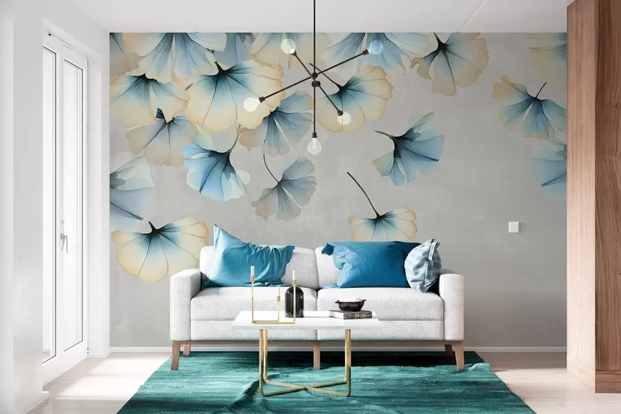 Fototapeta Pastelowe niebieskie i żółte liście miłorzębu z delikatnymi płatkami unoszącymi się w powietrzu na teksturowanym tle w08578v1