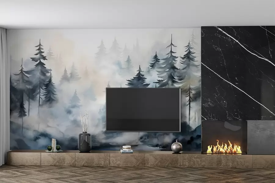 Fototapeta Mglisty leśny krajobraz z wysokimi sosnami na mglistym tle w stylu akwareli w08584