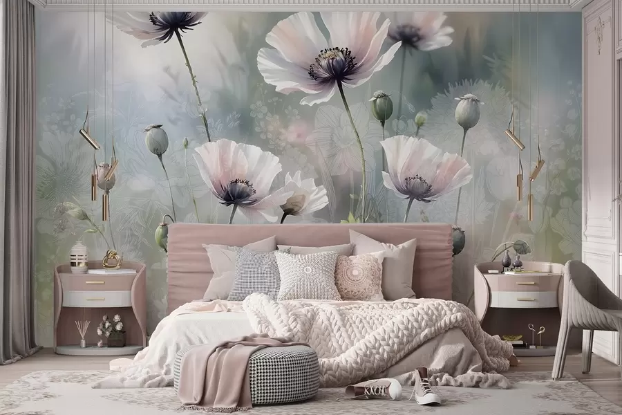 Fototapeta Delikatne różowe i fioletowe maki z zielonymi łodygami i pąkami na miękkim, rozmytym, teksturowanym tle w08585