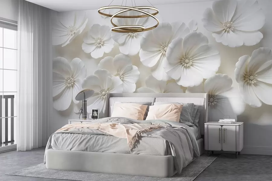 Fototapeta Białe kwiaty z delikatnymi płatkami i środkami na jasnym tle w08587