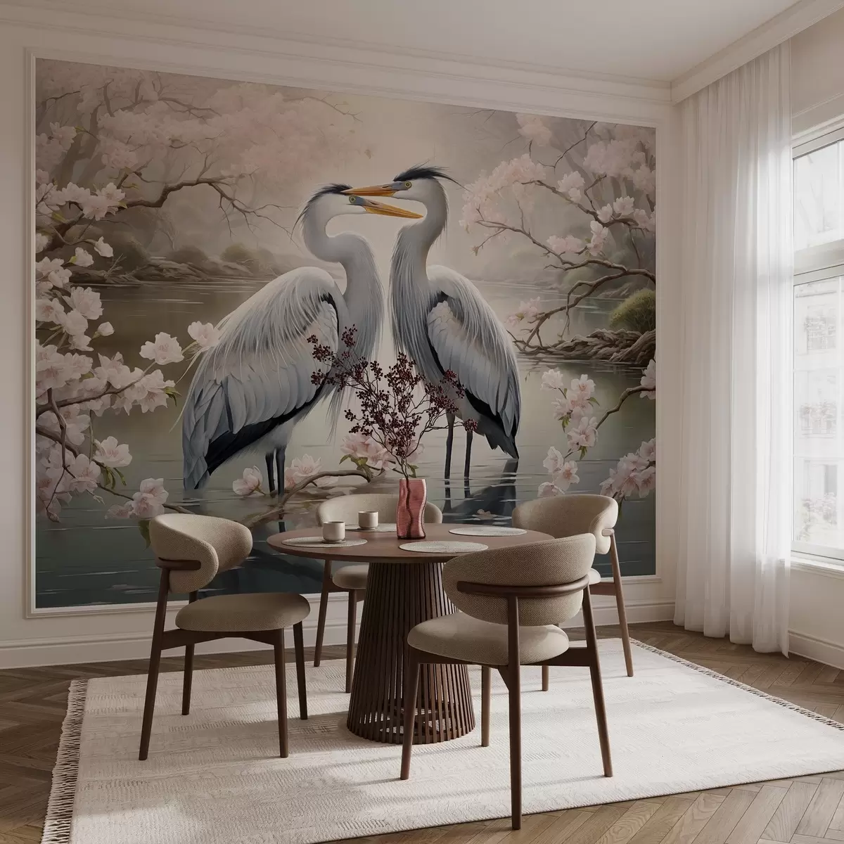 Fototapeta Para bocianów w kwitnącym ogrodzie w02621