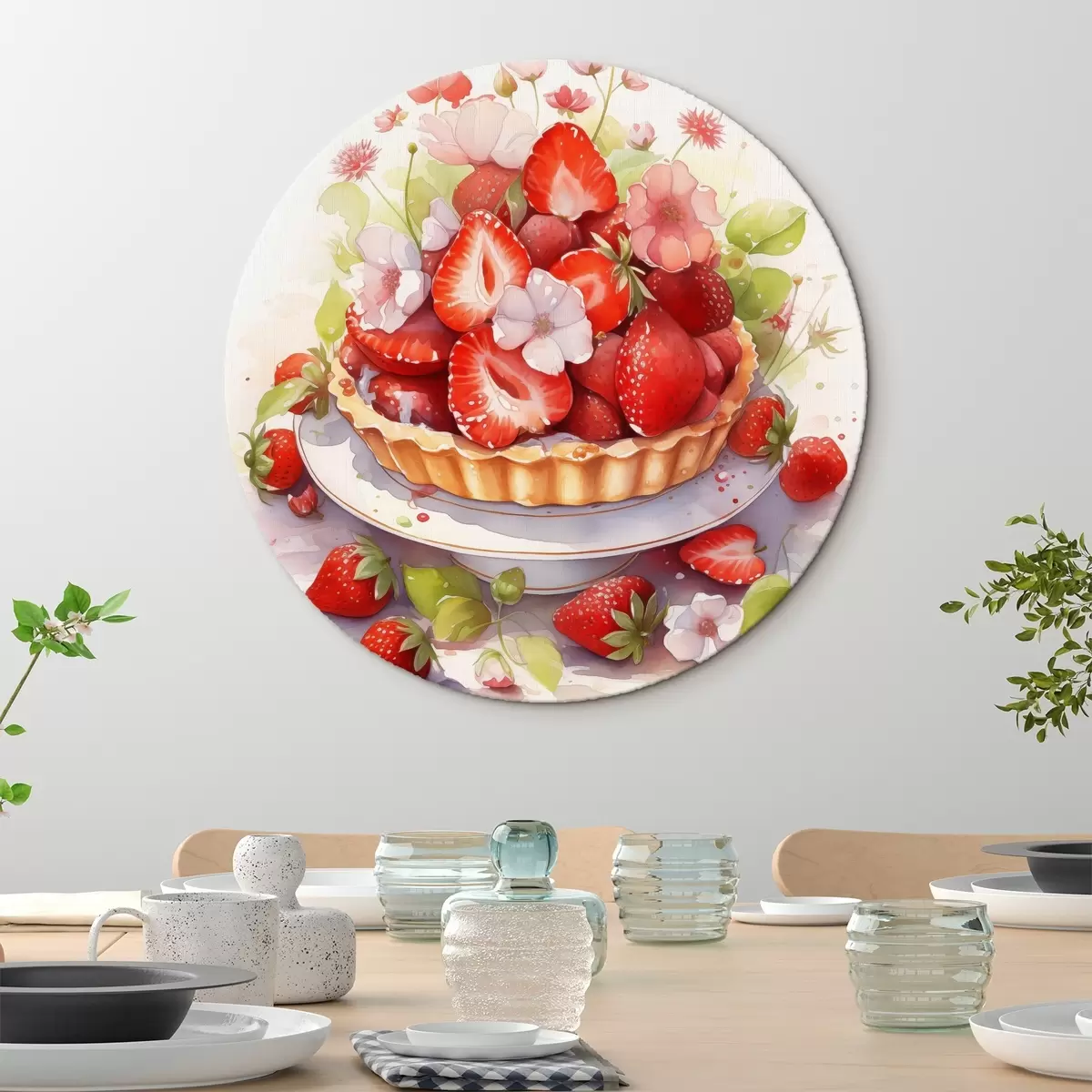 Okrągłe obrazy Tarta truskawkowa, akwarela, kwiaty r41177