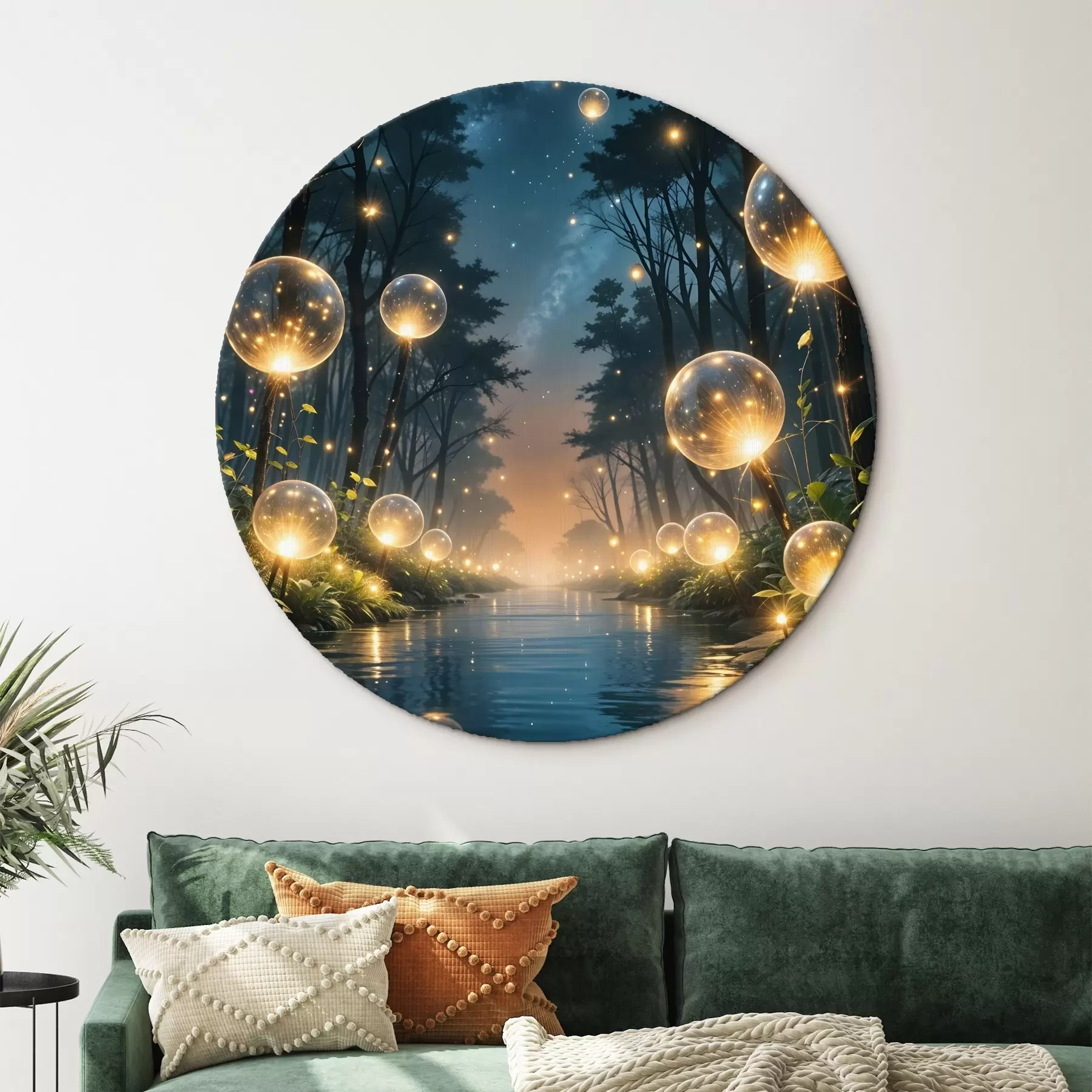 Obraz Magiczny las nocą z żółtymi kulami i świetlikami unoszącymi się wśród drzew, tworząc kapryśną atmosferę r41259