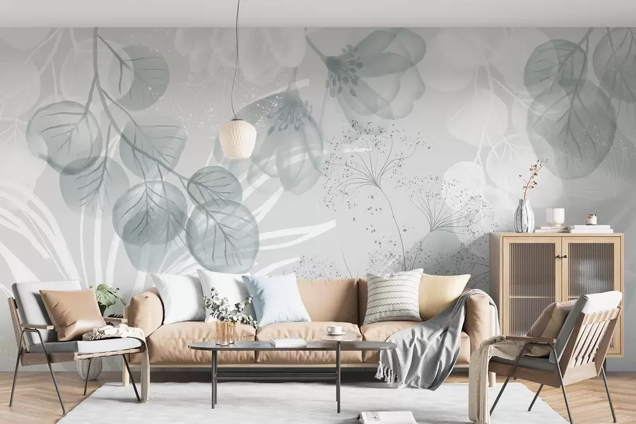 Fototapeta Kwiatowe elementy eukaliptusa w odcieniach błękitu i bieli z zachodzącymi na siebie liśćmi i płatkami w minimalistycznym stylu w08599