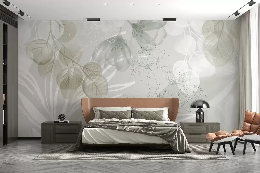 Fototapeta Kwiatowe elementy eukaliptusa w odcieniach zieleni i bieli z zachodzącymi na siebie liśćmi i płatkami w minimalistycznym stylu w08599v1