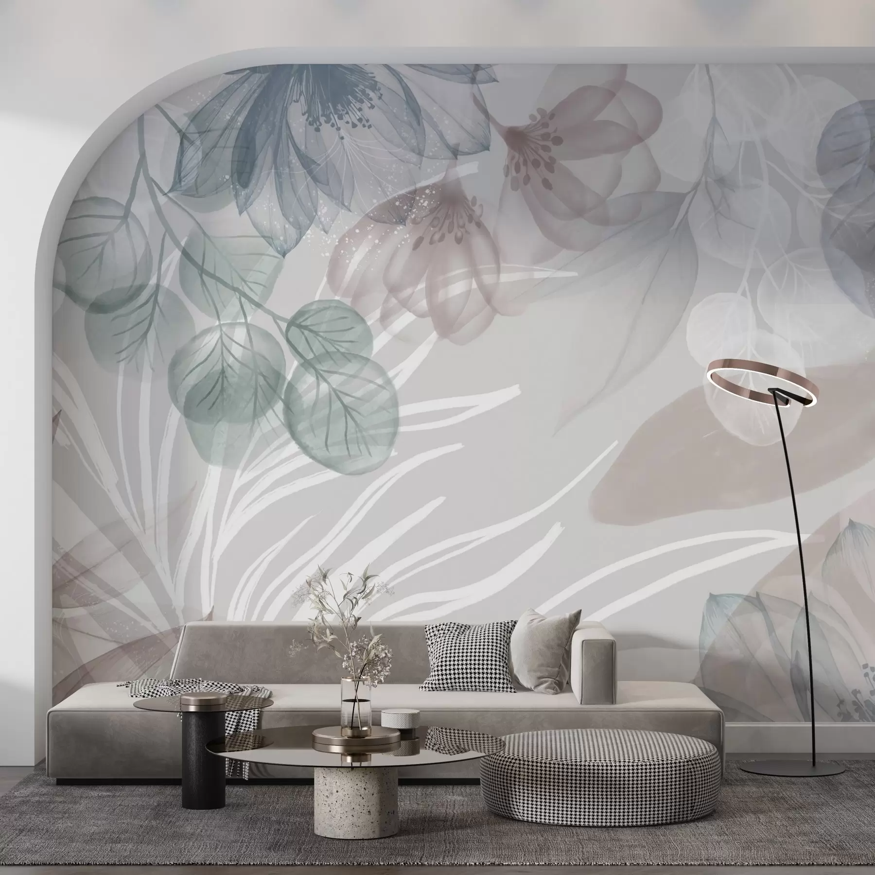 Fototapeta Pastelowy kwiatowy nadruk z przezroczystymi dużymi abstrakcyjnymi kwiatami i liśćmi w odcieniach szarości, różu i zieleni w08600