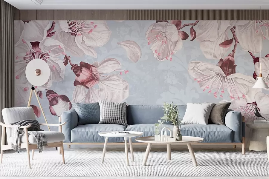 Fototapeta Kwiatowy nadruk z dużymi różowymi i białymi kwiatami wiśni na jasnoniebieskim teksturowanym tle w08601