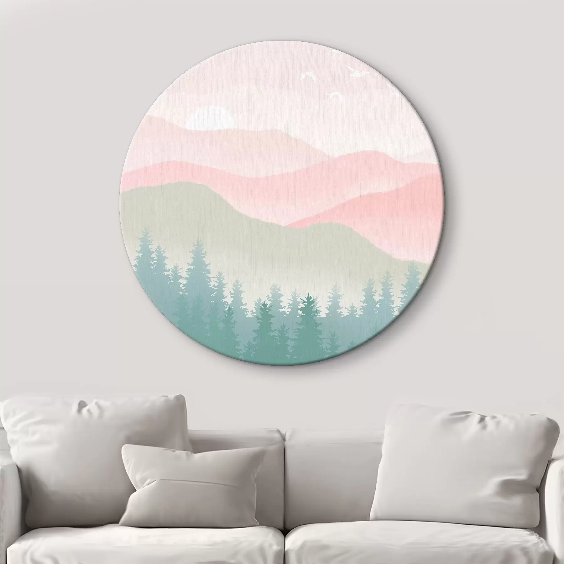 Fototapeta Mgliste góry z sosnowym lasem, delikatne naturalne kolory, róż i zieleń r36394