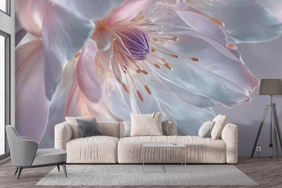 Fototapeta Zbliżenie delikatnego, pastelowego kwiatu z miękkimi, półprzezroczystymi płatkami i żywym środkiem w08605