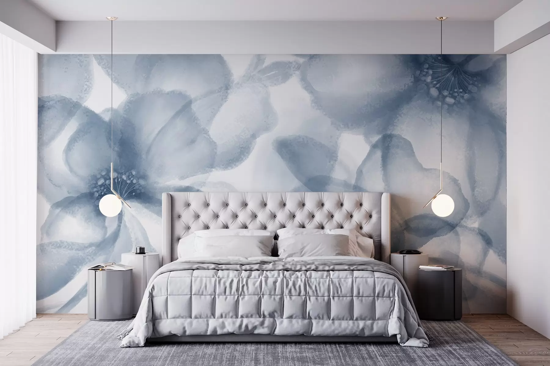 Fototapeta Miękkie, rozmyte abstrakcyjne niebieskie kwiaty tworzą spokojny i uspokajający kwiatowy nadruk w08607