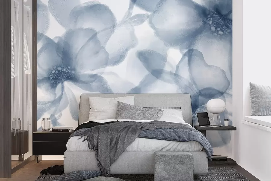 Fototapeta Miękkie, rozmyte abstrakcyjne niebieskie kwiaty tworzą spokojny i uspokajający kwiatowy nadruk w08607