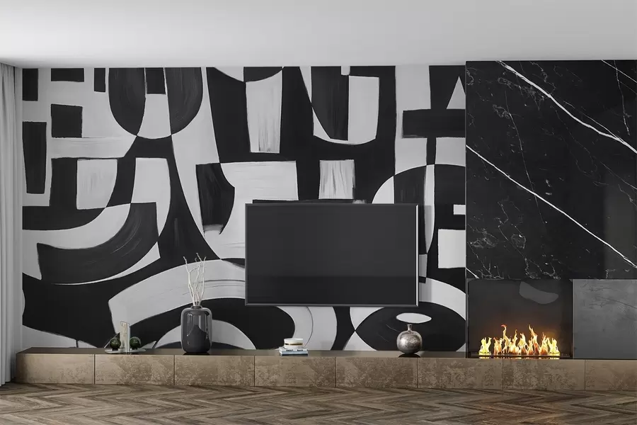 Fototapeta Abstrakcyjne czarno-białe geometryczne kształty i wzory, tworzące wizualnie uderzającą i dynamiczną kompozycję w08608