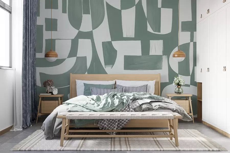 Fototapeta Abstrakcyjne zielone i białe geometryczne kształty i wzory, tworzące wizualnie uderzającą i dynamiczną kompozycję w08608v1