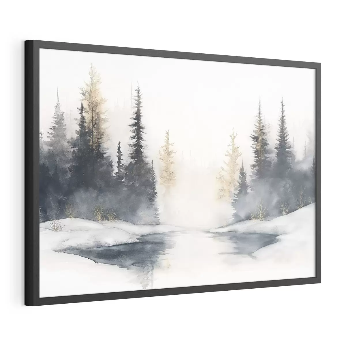 Plakat Zimowy krajobraz z rzeką i sosnami, natura, las, mgła f42374