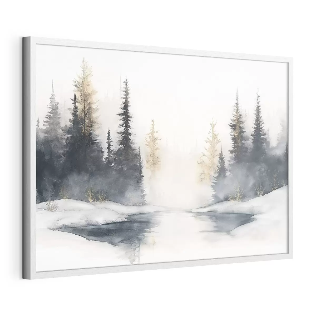 Plakat Zimowy krajobraz z rzeką i sosnami, natura, las, mgła f42374