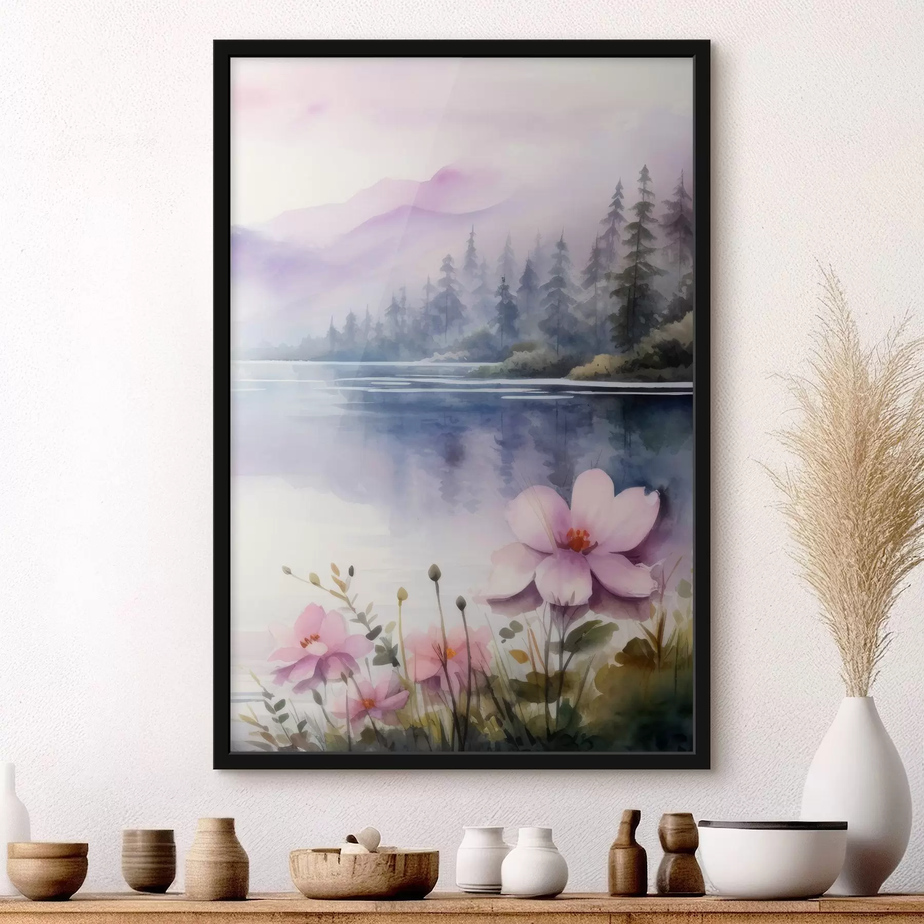 Fototapeta Różowe kwiaty na tle jeziora w górach f42393