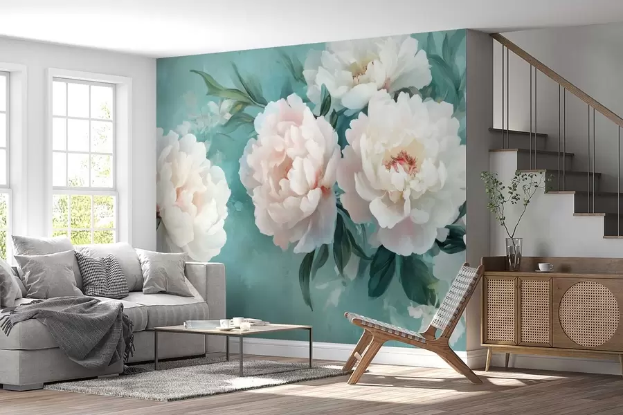 Fototapeta duże kwiaty bujnych piwonii na turkusowym tle w02763