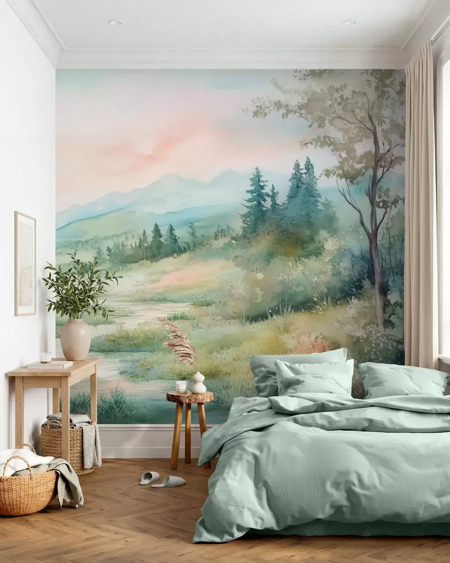 Fototapeta akwarelowy krajobraz ze ścieżką i górami w02764