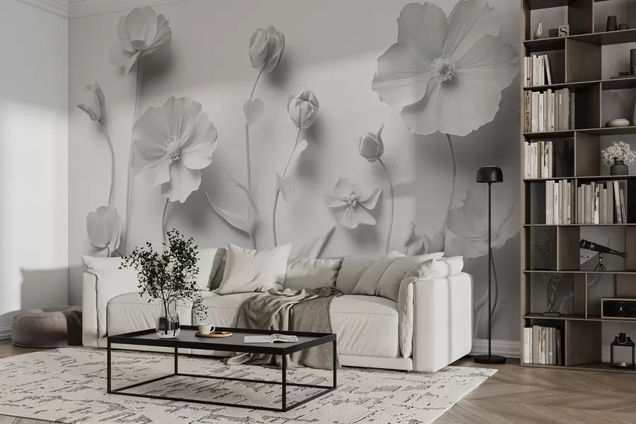 Fototapeta Szare kwiaty i maki w stylu sztukaterii w08630