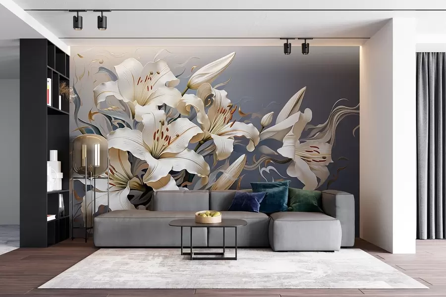 Fototapeta Wyrafinowane białe lilie na szaroniebieskim tle w08633