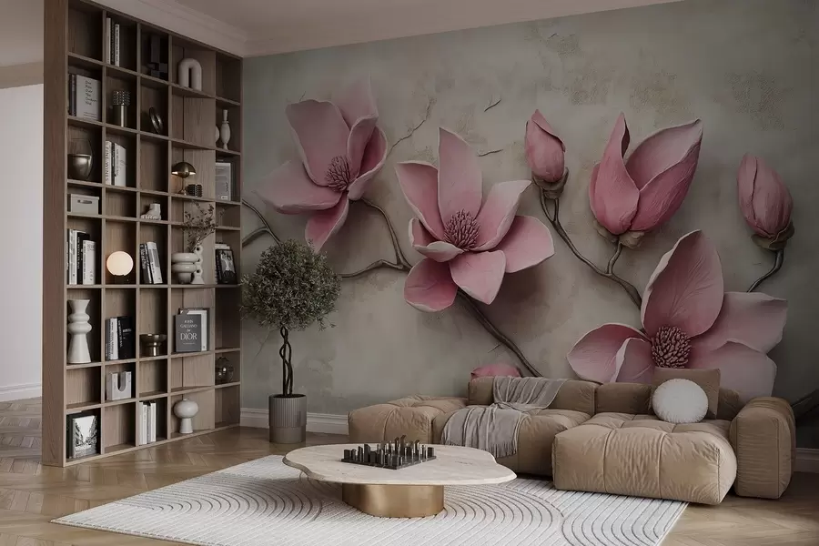 Fototapeta Różowe magnolie w stylu sztukaterii w08635