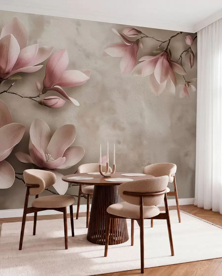 Fototapeta Delikatne różowe magnolie na betonowej ścianie w odcieniach sepii w08636v2