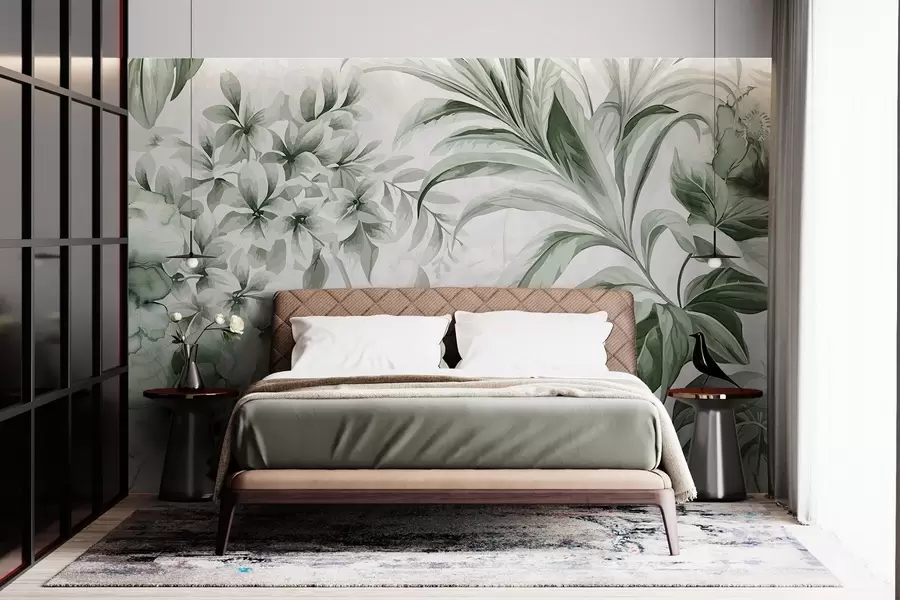 Fototapeta Tropikalne liście i listowie w stonowanej palecie od jasnych do ciemnych odcieni zieleni na teksturowanym jasnym tle w08650