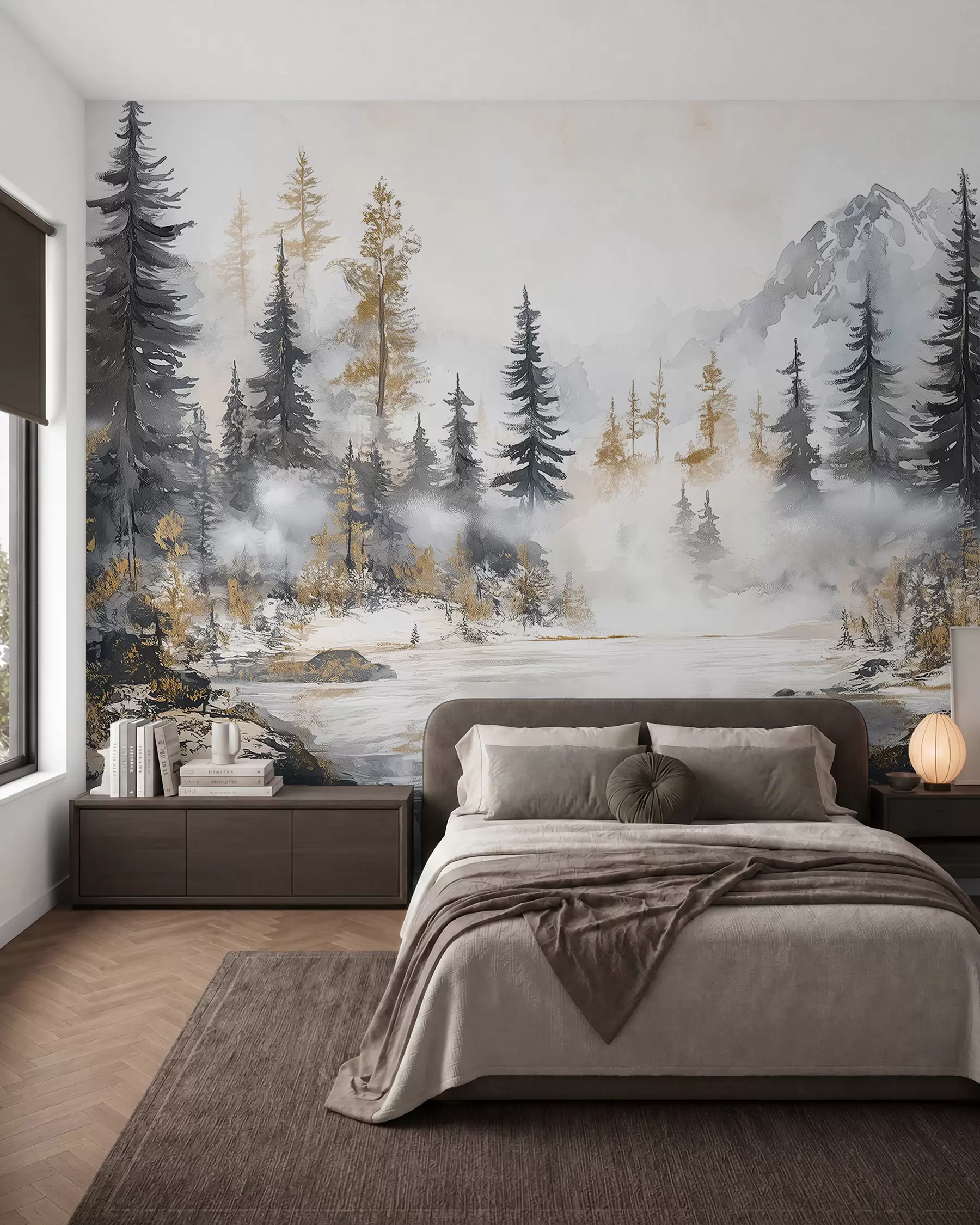 Fototapeta Zimowy krajobraz z jeziorem i lasem, góry, pastelowy styl darwing w02741