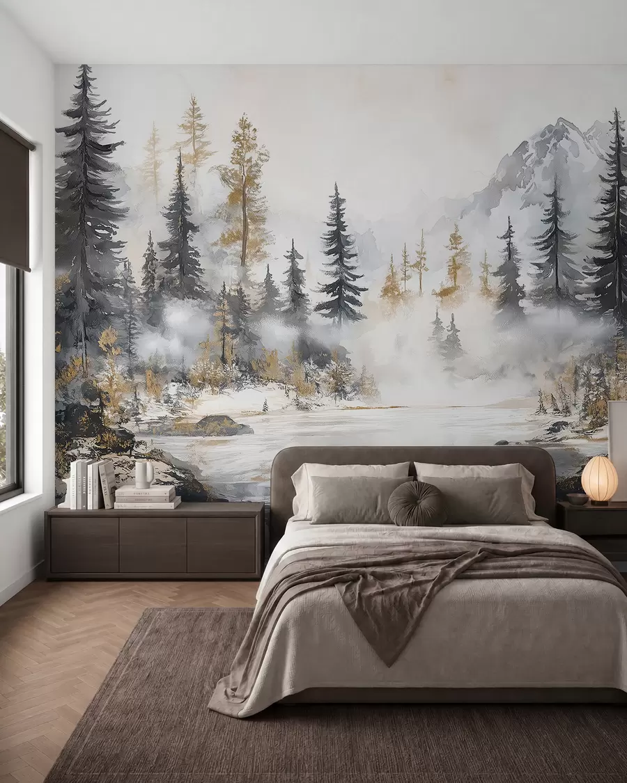 Fototapeta Zimowy krajobraz z jeziorem i lasem, góry, pastelowy styl darwing w02741