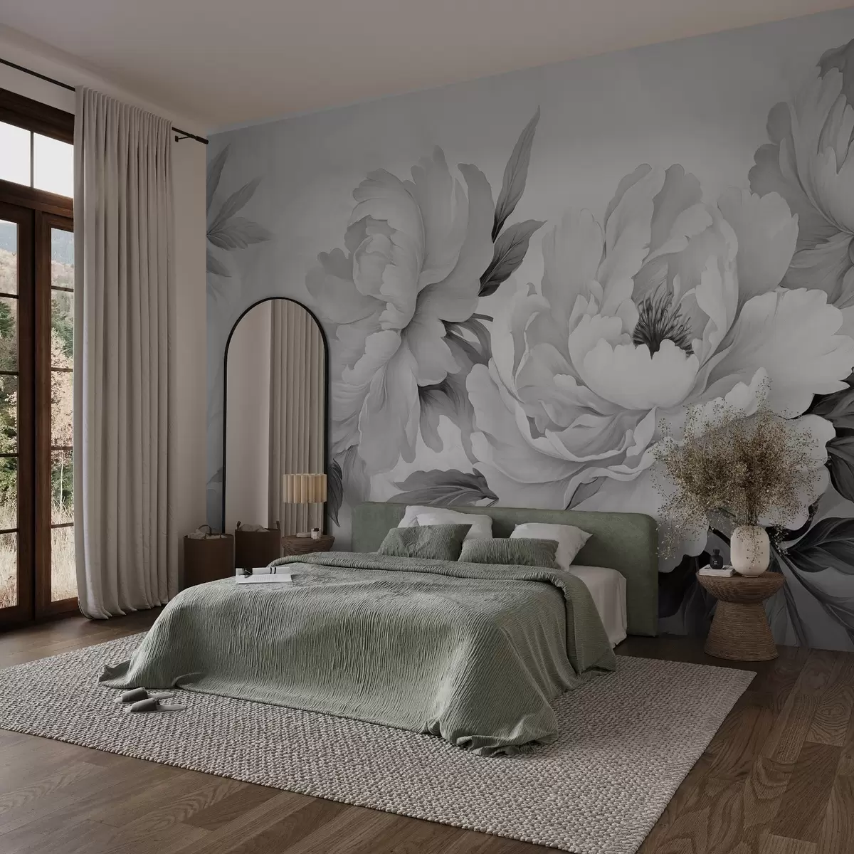 Fototapeta Luksusowe piwonie w odcieniach szarości, z delikatnymi detalami płatków i liści, tworzące elegancką i spokojną atmosferę. w02856