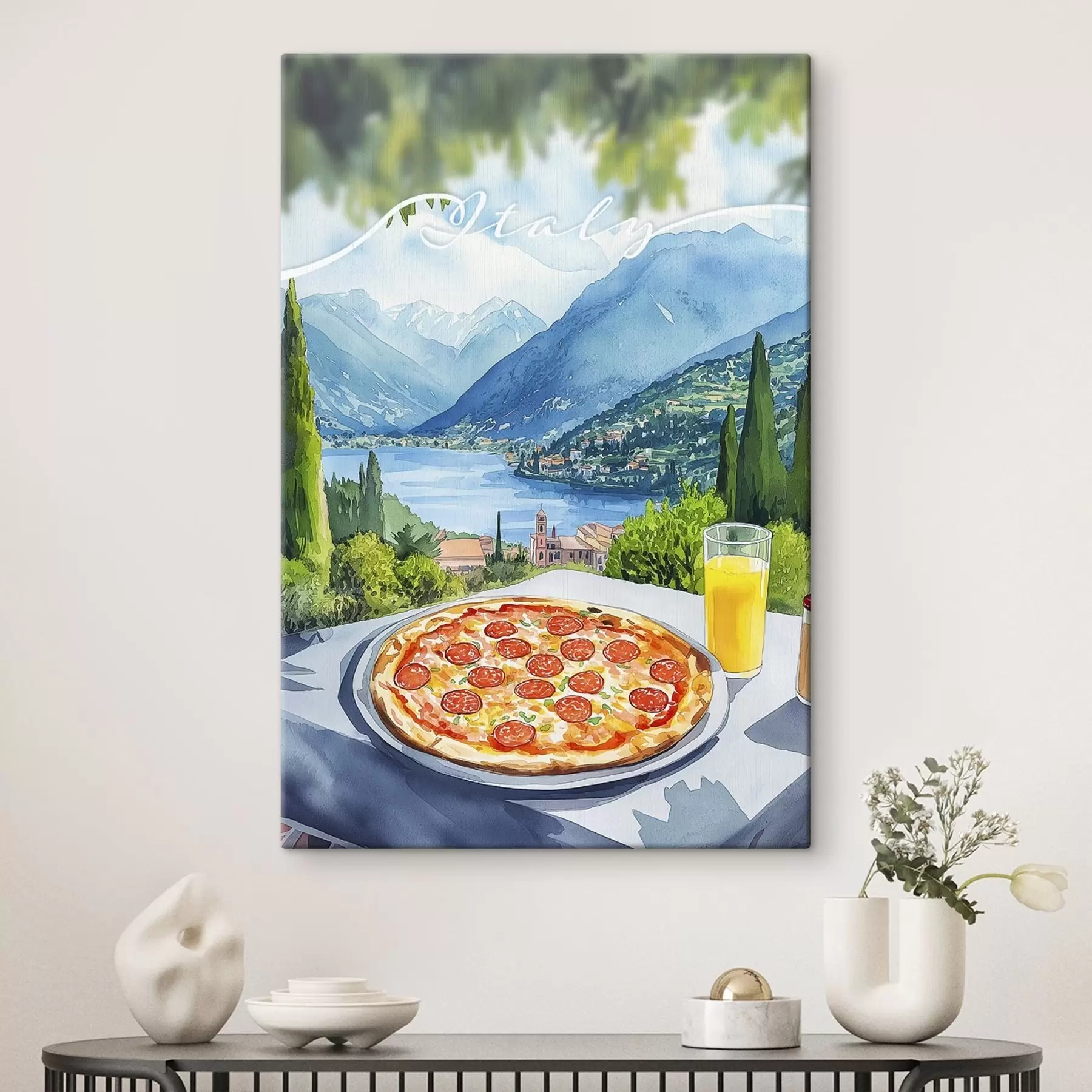 Obraz Styl akwareli, Włochy, pizza, stare miasto, krajobraz górski s42435