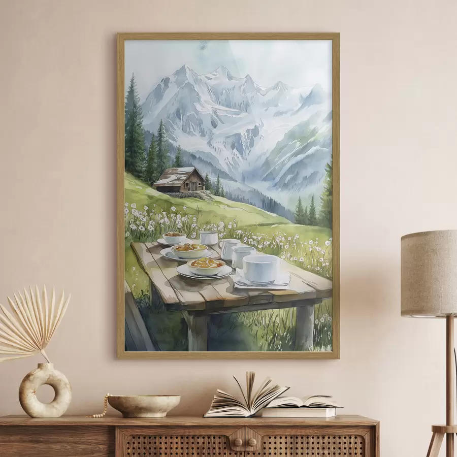 Fototapeta Śniadanie w Alpach, góry, las, natura, lato, styl akwareli f42426