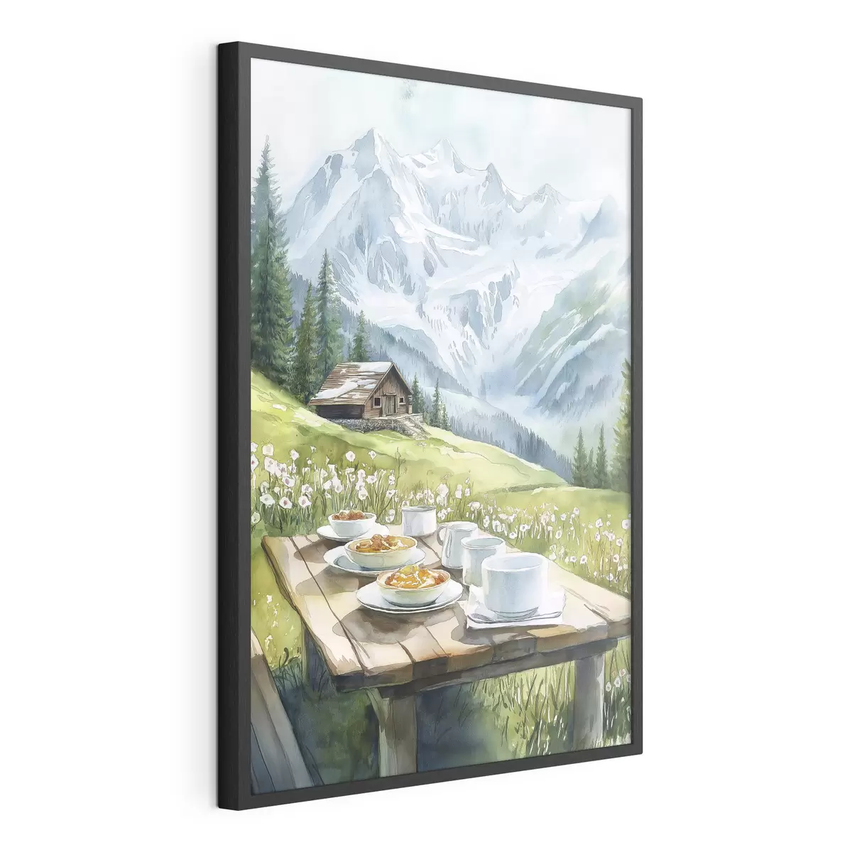 Plakat Śniadanie w Alpach, góry, las, natura, lato, styl akwareli f42426