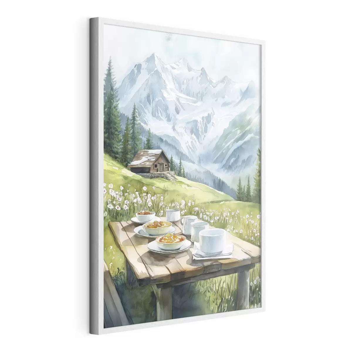 Plakat Śniadanie w Alpach, góry, las, natura, lato, styl akwareli f42426
