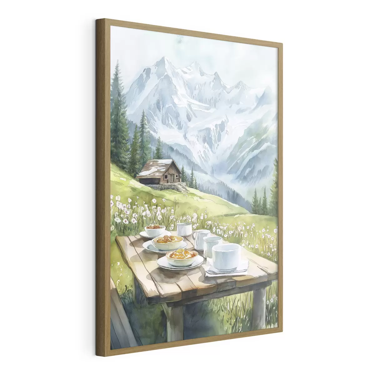 Plakat Śniadanie w Alpach, góry, las, natura, lato, styl akwareli f42426
