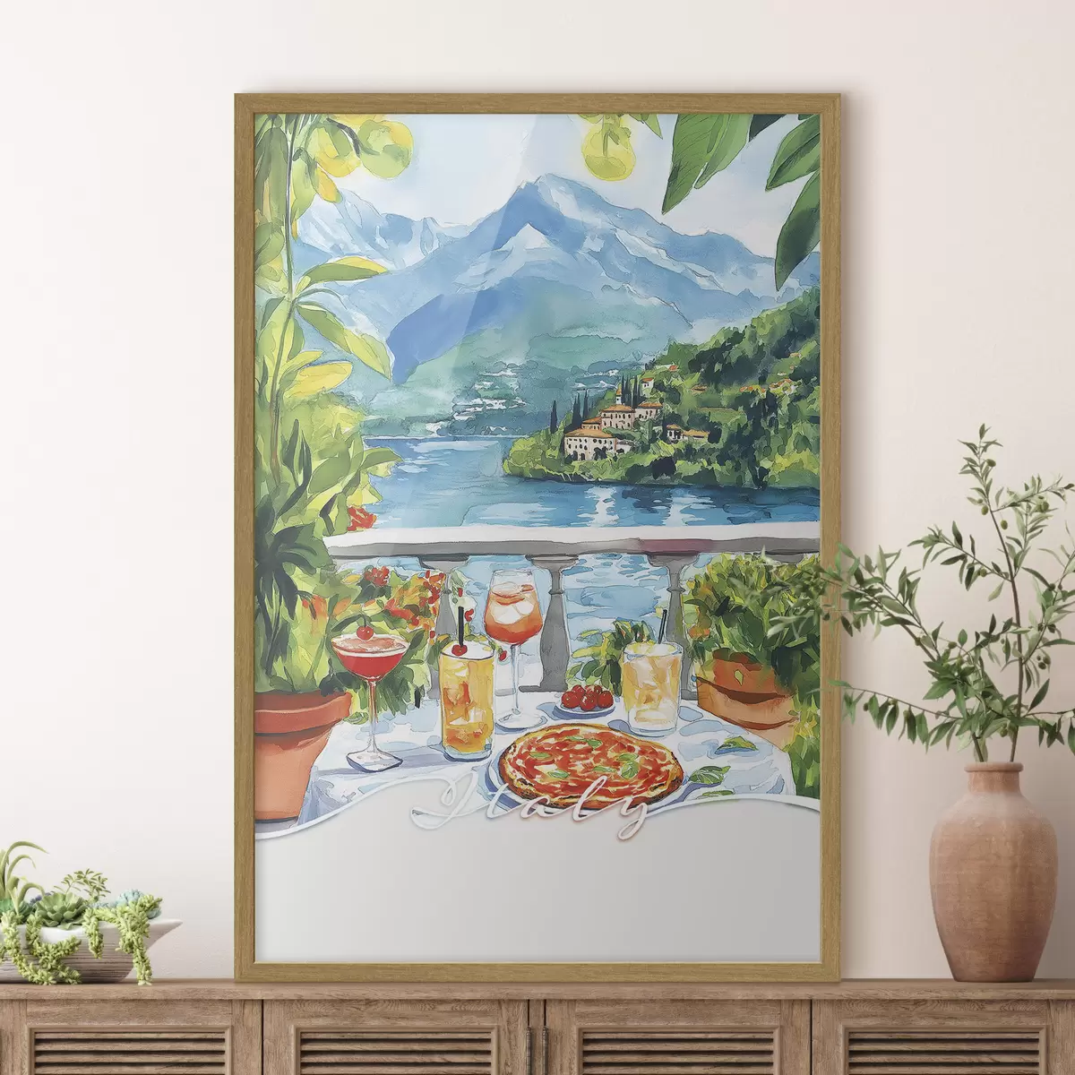 Plakat Estetyka Włoch, styl akwareli, pizza i koktajle, góry f42434