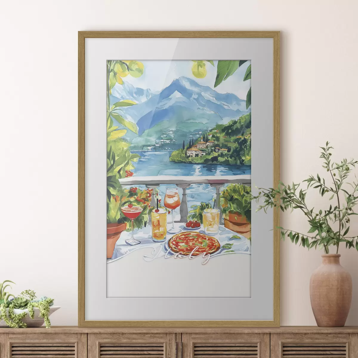Plakat Estetyka Włoch, styl akwareli, pizza i koktajle, góry f42434