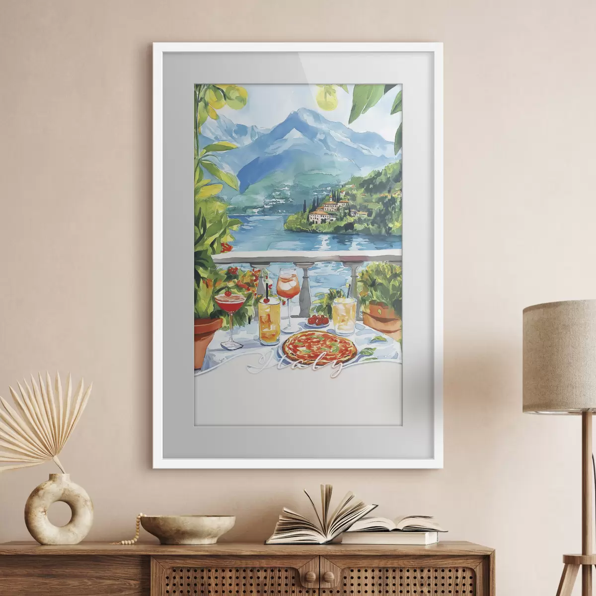 Plakat Estetyka Włoch, styl akwareli, pizza i koktajle, góry f42434