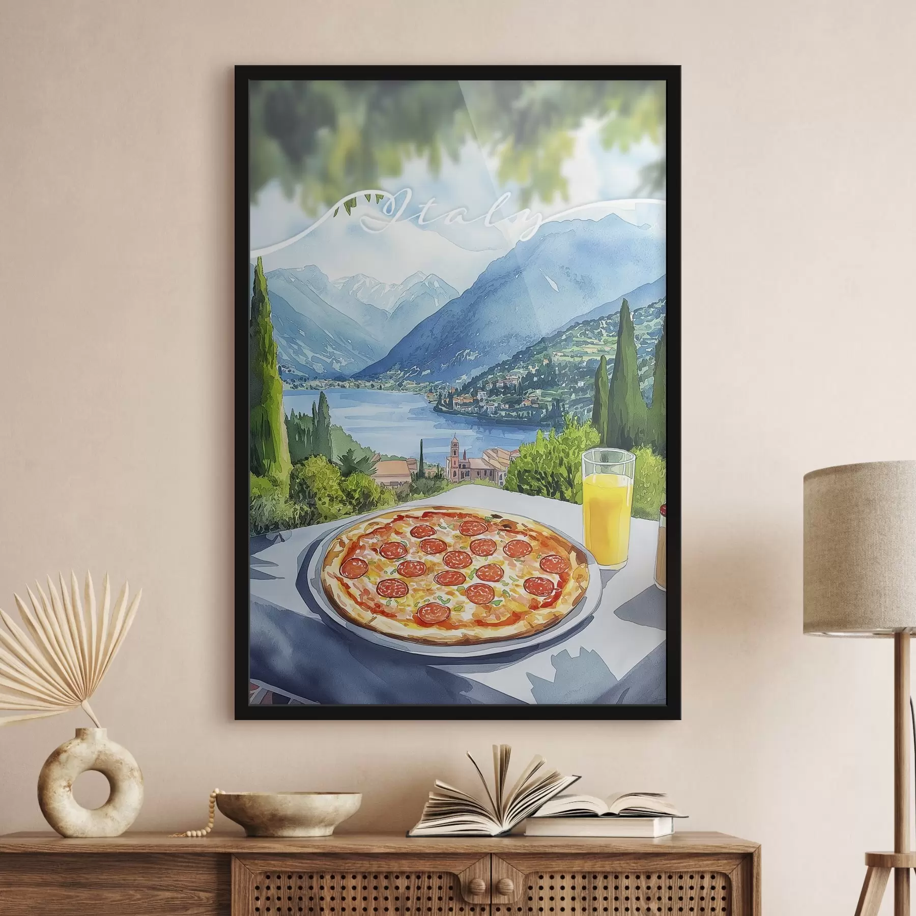 Obraz Styl akwareli, Włochy, pizza, stare miasto, krajobraz górski f42435