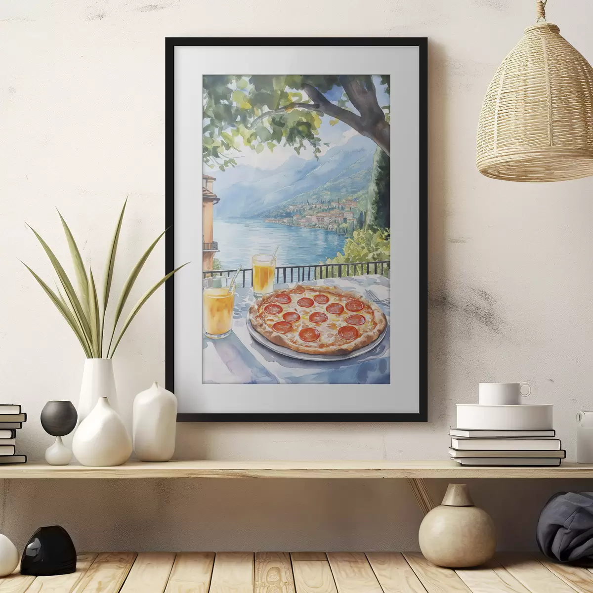 Plakat Brunch we Włoszech, styl akwareli, pizza margarita, jezioro, letnia przyroda f42436