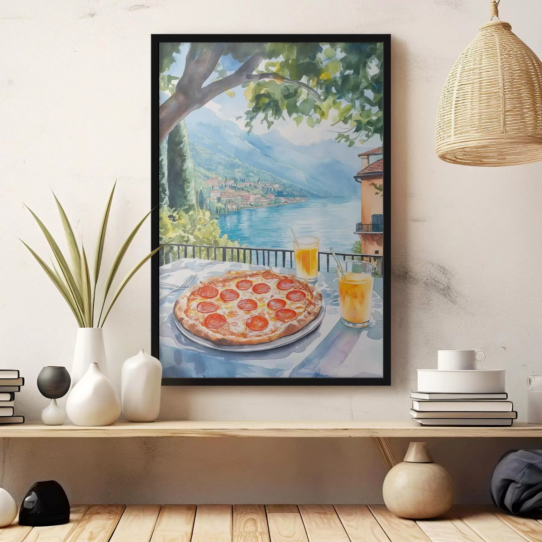 Fototapeta Brunch we Włoszech, styl akwareli, pizza margarita, jezioro, letnia przyroda f42436