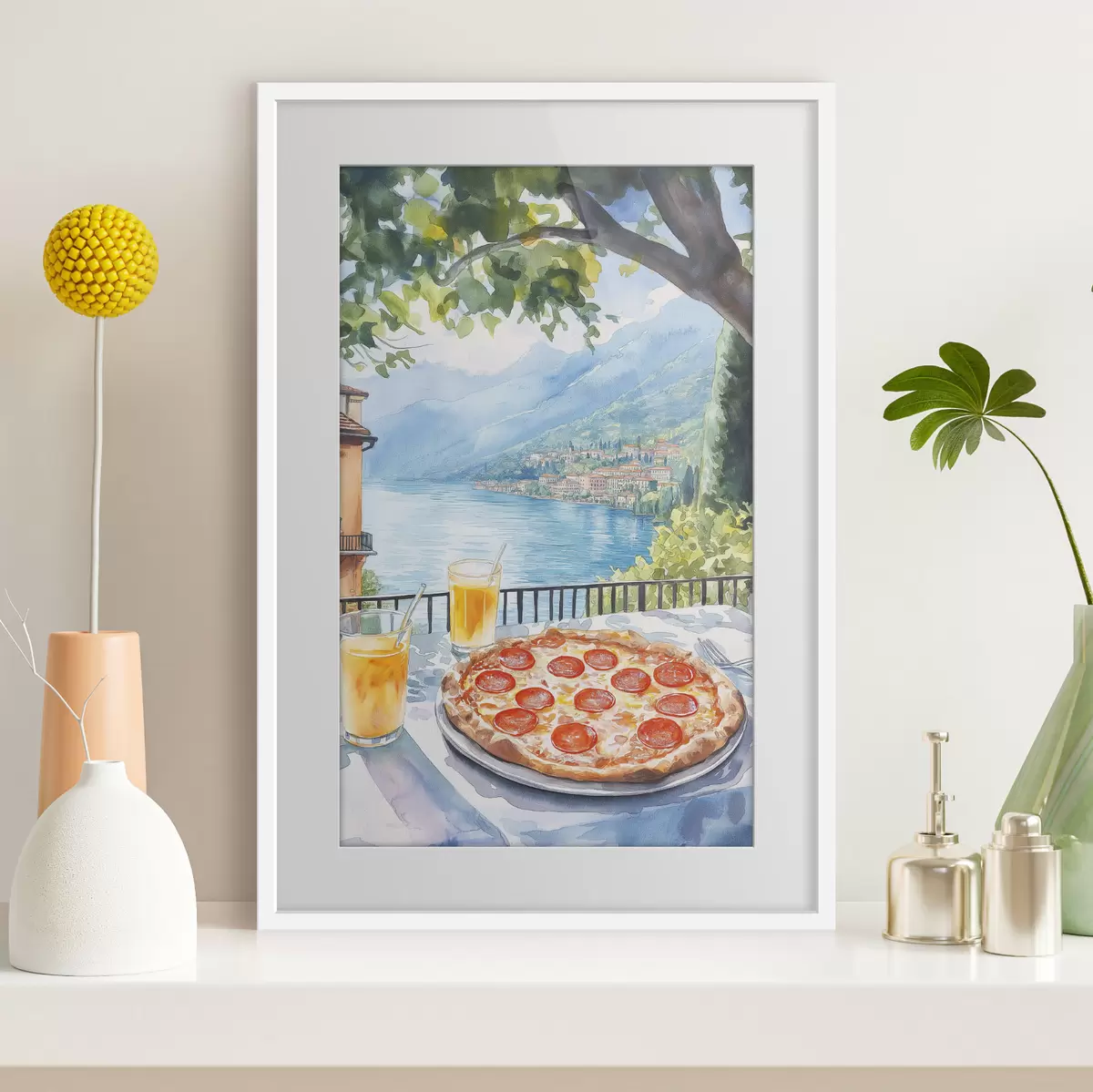 Plakat Brunch we Włoszech, styl akwareli, pizza margarita, jezioro, letnia przyroda f42436