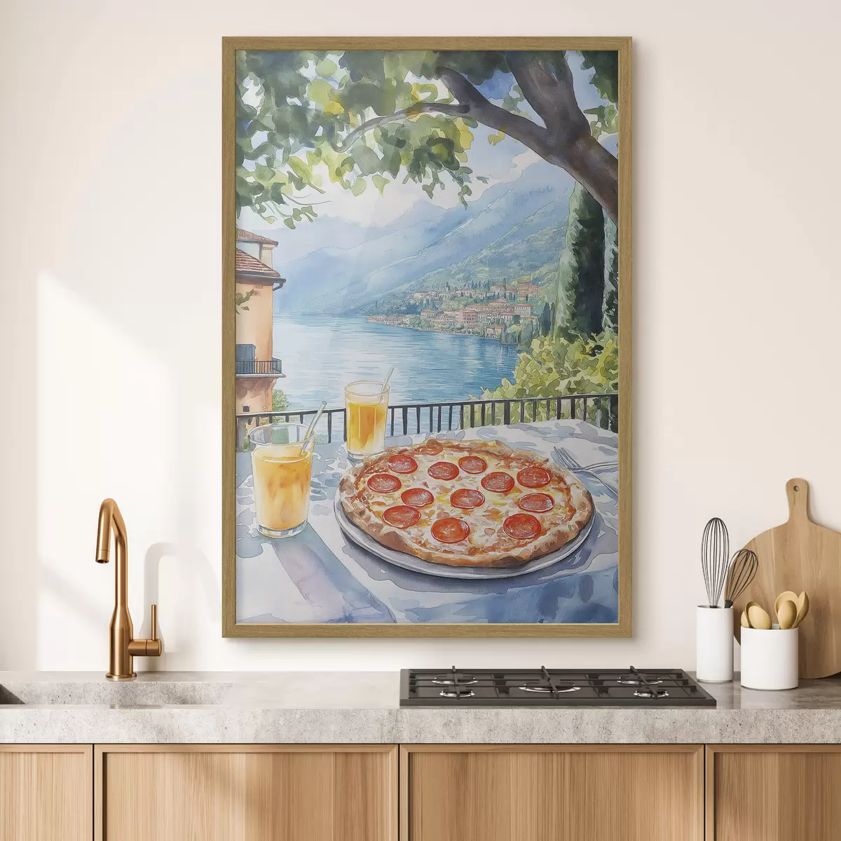 Plakat Brunch we Włoszech, styl akwareli, pizza margarita, jezioro, letnia przyroda f42436