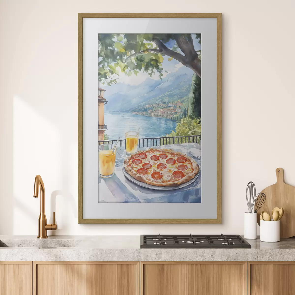 Plakat Brunch we Włoszech, styl akwareli, pizza margarita, jezioro, letnia przyroda f42436