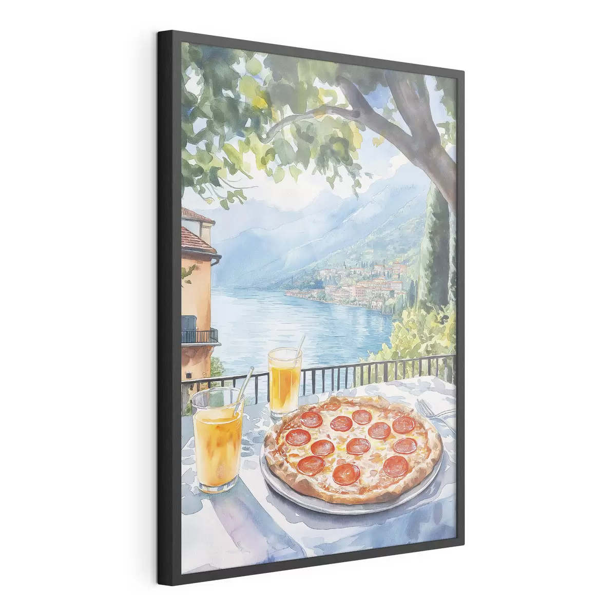 Plakat Brunch we Włoszech, styl akwareli, pizza margarita, jezioro, letnia przyroda f42436