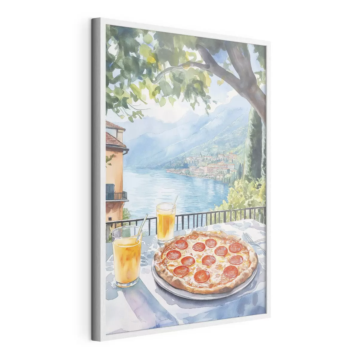 Plakat Brunch we Włoszech, styl akwareli, pizza margarita, jezioro, letnia przyroda f42436